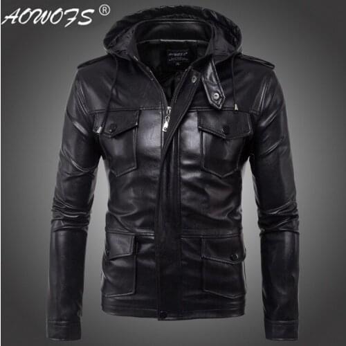 2019 New Europe and America Mens Hooded Motorcycle Leather Jacket Autumn Multi-pocket Black PU Leather Jacket Coat Big Size 5XL