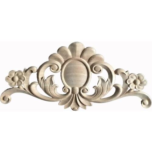 Flower Wood Carving Natural Decorative Furniture Appliques Cabinet Unpainted Wooden Mouldings Decal Decorative Figurines