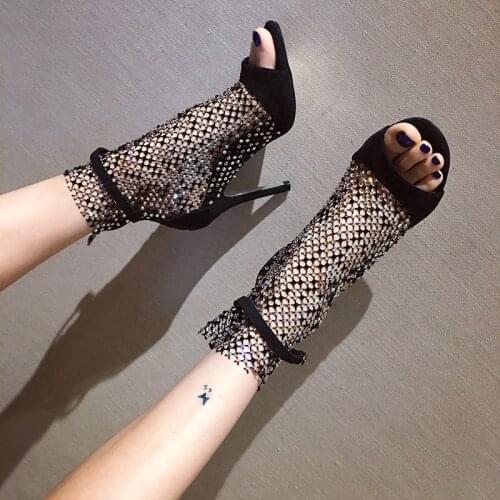 NEW Fashion DIAMANTE FISHNET HEELS Sandals Ankle Boots High Heels Women Autumn Sexy Chelsea Booties Peep Toe Party Pumps