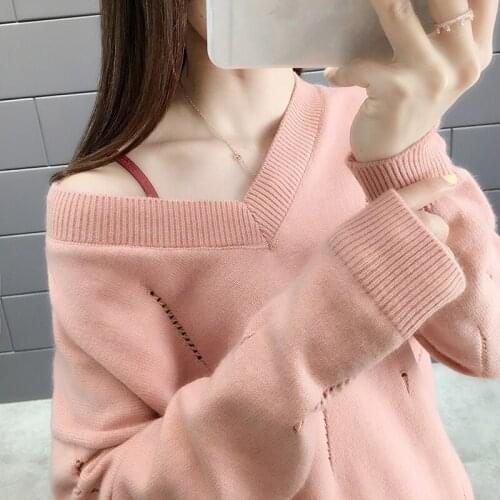 Hollow Lazy Style V-Neck Pullover Sweater 2020 New Autumn Winter Korean Fashion Loose Casual All-Match Knitting Sweaters Female