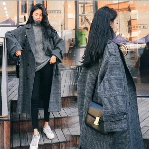 Women Wool Coat Plaid Women Loose Long Double-breasted Woolen Coats Winter Coat Woolen Overcoat 2019 Wool Jackets Trench Z293