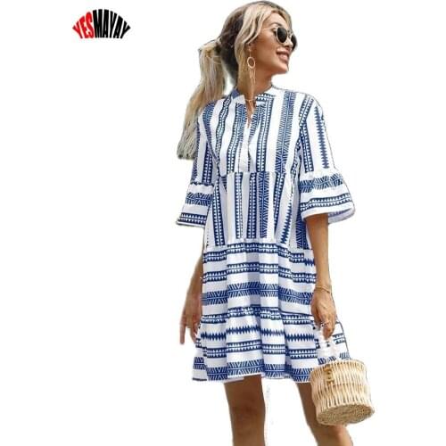 Striped Printed Dresses For Women Elegant 2021 Summer Ladies Casual Midi Dress Robe Femme 2021 Flare Sleeve Female Dress Woman