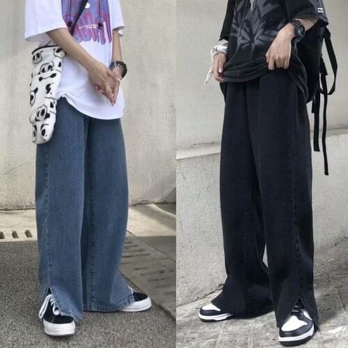 Forked Jeans Mens Summer Loose Straight Wide-leg Pants Trend Mopping Beggar Pants Casual Retro Solid Trousers Four Seasons