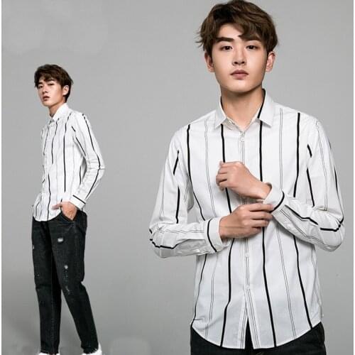 Men Stiped Streetwear Casual Shirts 2019 Man Autumn Black Oversized Shirt Top Black Vintage Long Sleeve Blouse For Male KK3027
