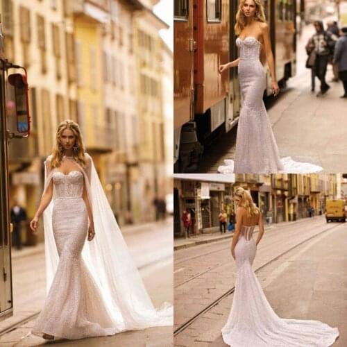 2020 Wedding Dresses with Wrap Strapless Backless Lace 3D-Floral Appliques Bridal Gowns Luxurious Sweep Train Mermaid Wedding Dr