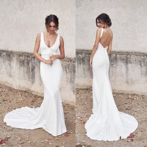 Simple Satin White Mermaid Wedding Dresses Bridal Gowns 2020 Backless Boho vestido de novia