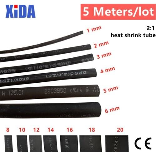 5 METER/LOT BLACK 1mm 1.5mm 2mm 2.5mm 3mm 3.5mm 4mm 5mm 6mm 8mm 10mm Heat Shrink Tube Heatshrink Tubing Wire Sleeving Wrap Kits