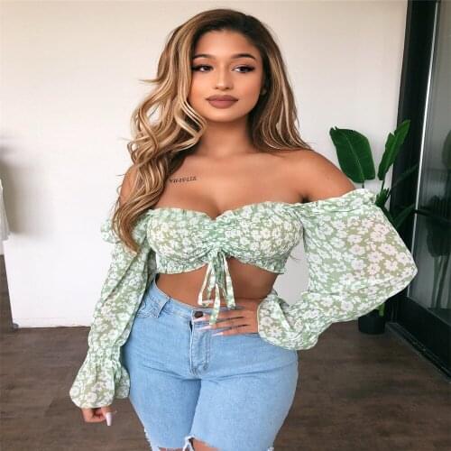 Multiple Styles Summer Women Off-The-Shoulder Floral Print Crop Tops Casual Flare Long Sleeve Drawstring T-Shirt 2021