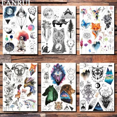 FANRUI Flash Lion Fox Wolf Temporary Tattoos For Men Women Pine Tree Tatoo Papers Waterproof Body Art Moon Earth Tattoo Stickers