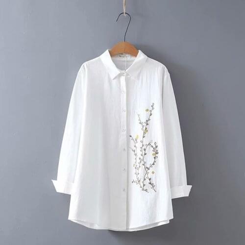 Plus Size Womens XL-4XL Cotton&Linen Long Sleeve Blouses Floral Embroidery Blouse