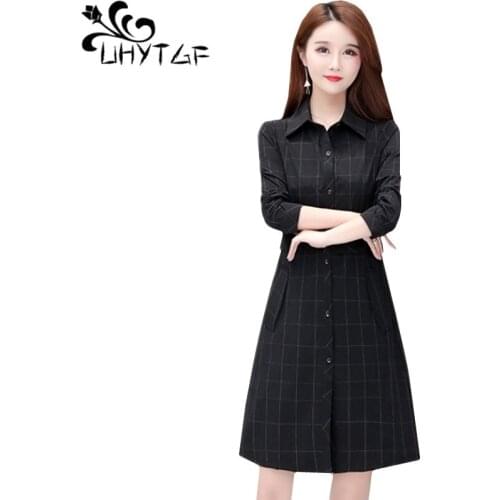 UHYTGF Womens windbreaker Korean slim 5XL plus size coats Single-breasted stripe thin spring autumn trench coat for women 933