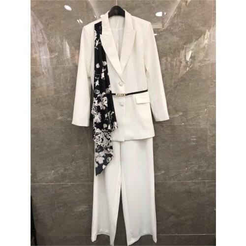 Top Quality New Blazer Sets 2021 Autumn Winter Business Suit Women Vintage Print Belt Blazer Coats+Full Length Pant Sets Female