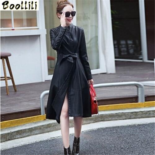 Boollili 2020 Women Leather Trench Coat Female Fashion Plus Size Faux Sheepskin Leather Ladies Coats Long Jackets Abrigos