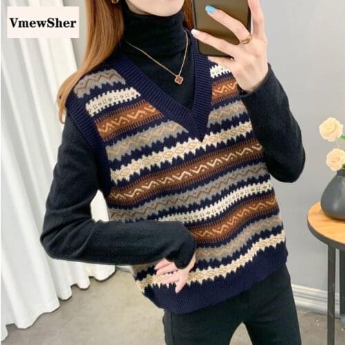 VmewSher Autumn Spring Women Sweater Vest Wavy Line Print Vintage Sleeveless Pullover V Neck Stripe Knit Jumper Top Waistcoat