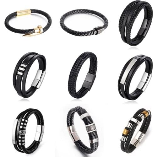 1PCS Men Multilayer Braided Leather Bracelet Stainless Steel Magnetic Clasp Bangles Fashion Punk Male Jewelry