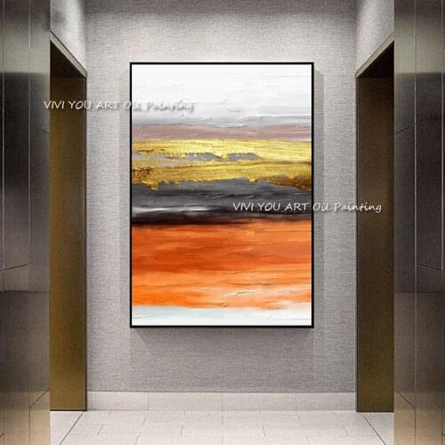 Abstract sunset orange gold blue painting for living room large modern home decoration 100% handmade oil painting on canvas