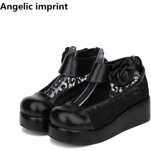 Angelic imprint woman mori girl lolita cosplay shoes lady high heels pumps women princess dress party shoes 33-47 lace flowers