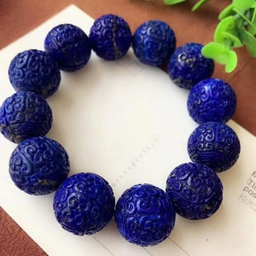 Genuine Natural Royal Blue Lapis Lazuli Stone Craved 20mm Round Big Beads Women Man Stretch Bracelet AAAAA Certificate