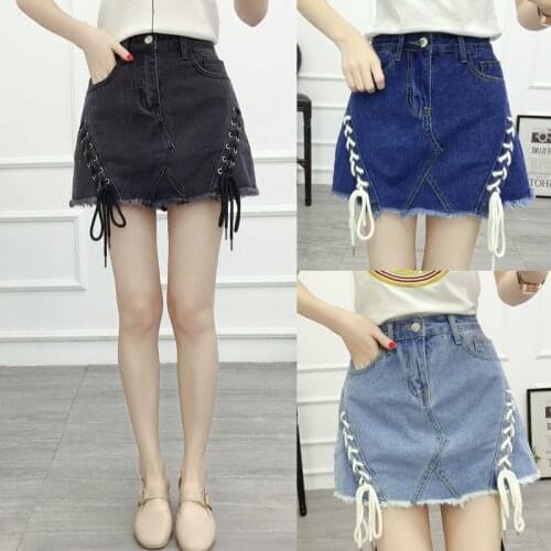 2018 high waist strap denim shorts skirt burrs A word shorts skirt