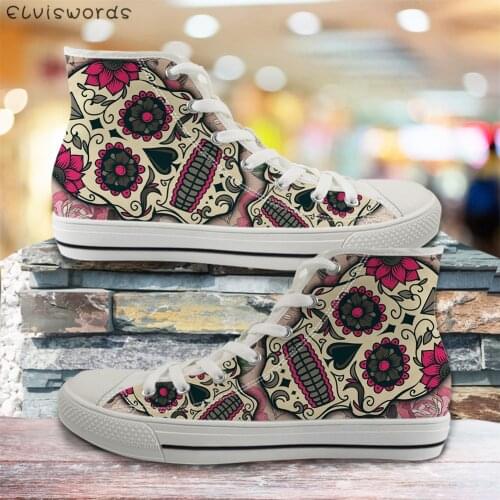 ELVISWORDS Casual High Top Womens Vulcanized Shoe Black White Skull Print Design Autumn Canvas Shoe Woman Lace-up Leisure Shoes