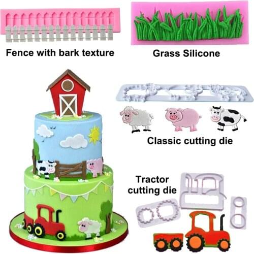 Fondant Cutter Molds Cake Decorating Tools Farm Animal Cookie Cute Pig Cow Sheep Dessert Tractor Die Grass Bark Fence Silicone