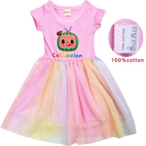 Baby Girl Cotton O-Neck Cocomelon Cartoon Dress Children Vestidos Rainbow Mesh Princess Dresses