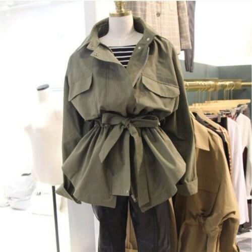 Chic Lapel Army Green Cardigan Casual Long Sleeve Drawstring Windbreaker Double Pockets Jacket Spliced Tops with Belt 2019