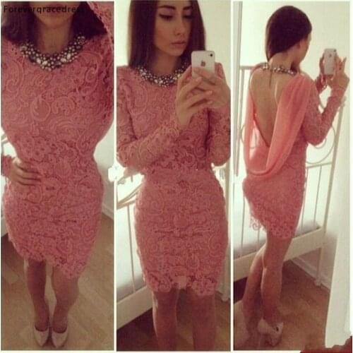 Coral Color Short Prom Dress Sheath Long Sleeves Backless Lace Party Gown