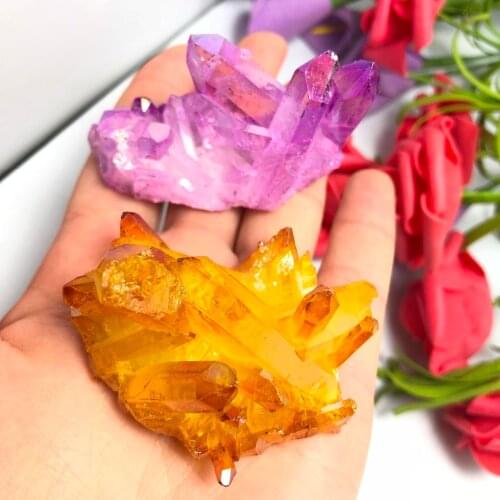 2pcs Beautiful Aura Crystal Cluster Angel Aura Titanium Quartz Crystal Stunning Rainbow Specimen Minerals Reiki Healing Chakra