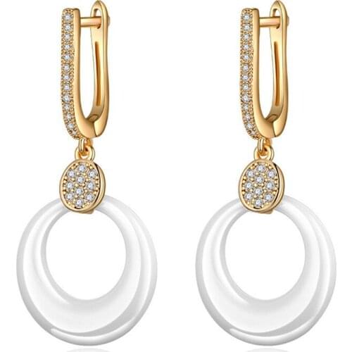 Round Circle White Ceramic Drop Earrings for Women Gold Silver Color Cubic Zirconia CZ Long Earrings Wedding Party Jewelry Gifts