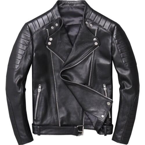 Mens Korean Version Of Genuine Pure Natural Sheep Skin Black Slim Leather Jacket Short Motorcycle Suit Sheepskin Jacket Coat