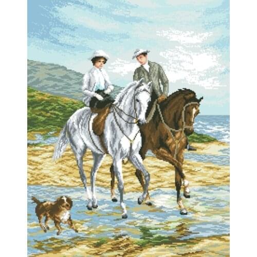 Couple Riding a Horse on the Beach Top Quality Embroidery Needlework 14CT Unprinted Cross Stitch Kits DIY Handmade Home Decor