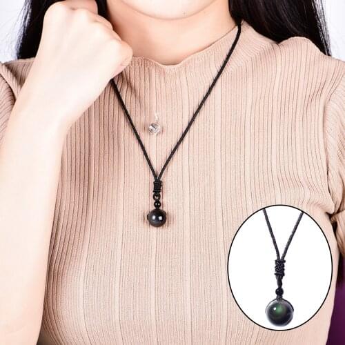 Natural Necklace Obsidian Pendant with Braided Chain for Men Woman Amulet