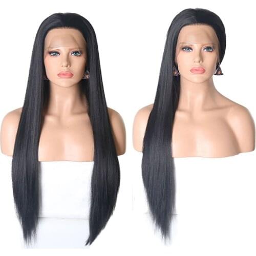 Natural Balck Synthetic Lace Front Wig Silky Straight Glueless Heat Resistant Fiber Hair Free Parting For Women Daily Wigs
