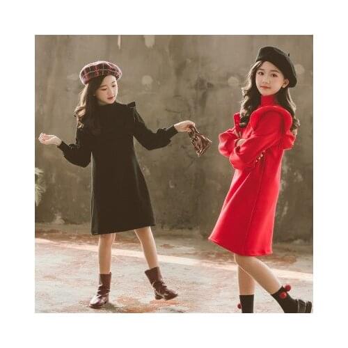 New girls dress autumn and winter stand-up collar big children plus velvet childrens lantern sleeves loose dress