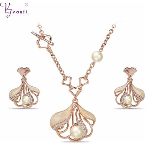 Charm Women Necklace Earrings Crystal Rose Gold/Gold Color Big Simulated Pearl Wedding Party Jewelry Sets For Women