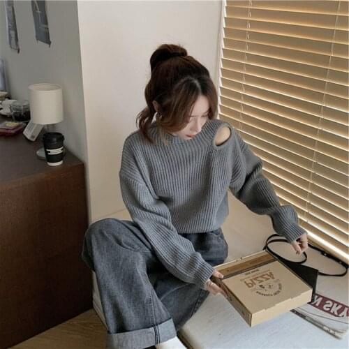 Chic Korean Off Shoulder Womens Sweater Autumn Winter New Long Sleeve O-Neck Top Black Elegant Female Daily Knitted Pullovers