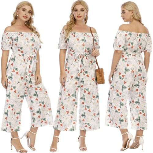 Large Size Womens Jumpsuit Summer 2021 New Print One-line Collar Wide-leg Jumpsuit European And American Casual White Clothing