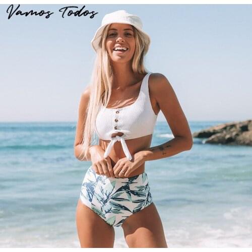 Vamos Todos 2021 Summer Leaves Floral Print Bikini 2 Piece Sets Womens Push Up Sexy Swimwear High Waist Bathing Suit For Women