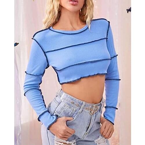 2021 New Spring Womens Tie Knot Navel Top Female Crop Top O Neck Long Sleeve Pullover Stitching Slim Ruched T-shirts Streetwear