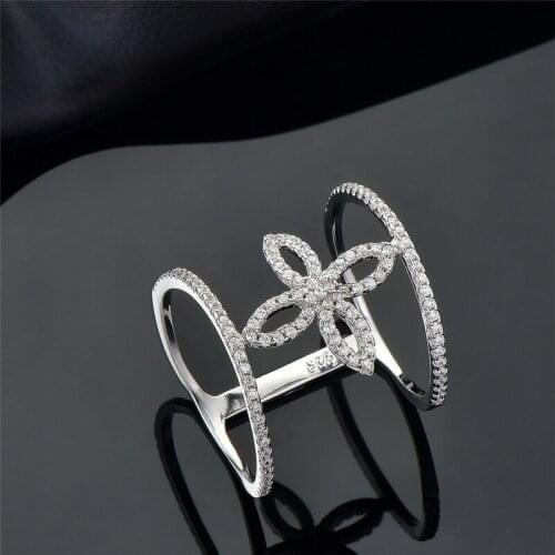 DY 925 Sterling Silver Ring Clear Cubic Zirconia Stylish Fancy Design Double Layer Lines Finger Ring For Women Trendy Jewelry