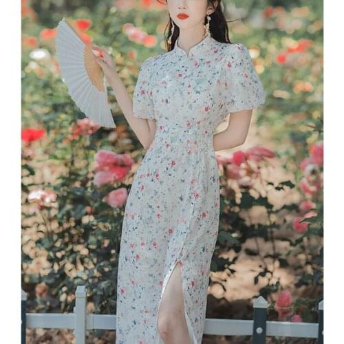 Summer Dress 2021 Modified Sweet Chinese Style Floral Vestido Retro Daily Cheongsam Elegant Puff Sleeve Fairy