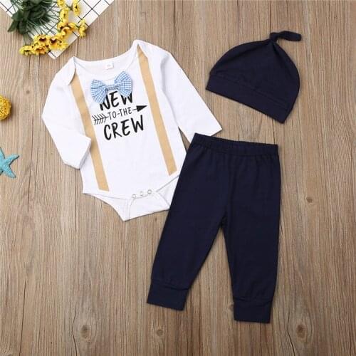 Newborn Baby Boys Clothes solid Pants Hat bow letter print long sleeve round neck Bodysuit 3pc autumn cotton lovely Outfits