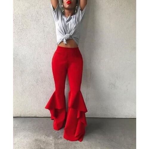 Vintage Dancer Solid Black Trouser for Women High Waist Flare Pants Female Casual Double Ruffle Trousers Palazzo Skinny Bottoms