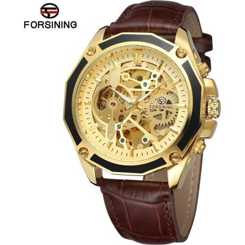 Fashion FORSINING Top Brand Men Skeleton Mechanical Watch Reloj Hombre Automatic Movtment Man Clock Genuine Leather Luxury Gold