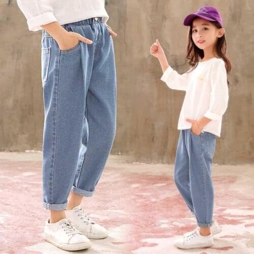 Spring Jeans For Girls Solid Pleated Childrens Jeans Elastic Waist Kids Jeans Girl Casual Autumn Clothes For Girls 6 8 10 12 14