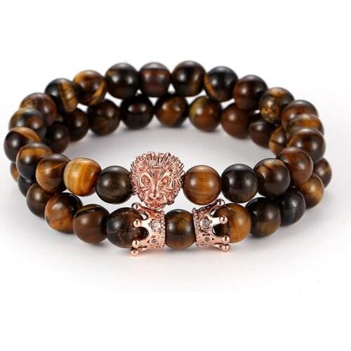 Brown Natural Stone Bracelet Female Jewelry Rose Gold Skull Crown Steel Flower Pendant Charm Bracelets Women Jewelry New 2019