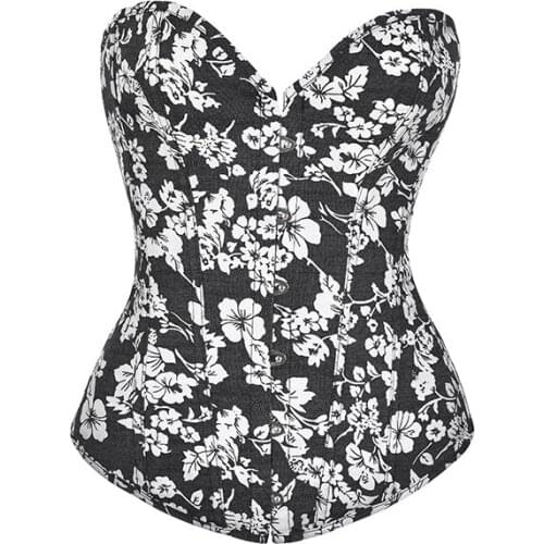 Black & White Floral Printed Denim Sexy Corset Bustier Top Fashion Corsets For Women Steampunk Clothes Gothic Corselet Feminino
