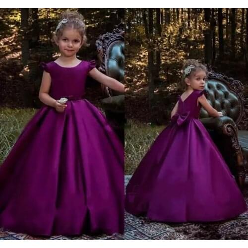 Formal Lovely Purple Satin Flower Girl Dresses For Wedding Ball Gown Floor Length Modest Girls Birthday Holiday Party Gowns
