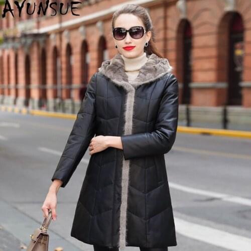 AYUNSUE Real Leather Jacket Women Mink Fur Collar Hooded Womens Winter Down Jackets Sheepskin Coat Female 2020 Veste Femme